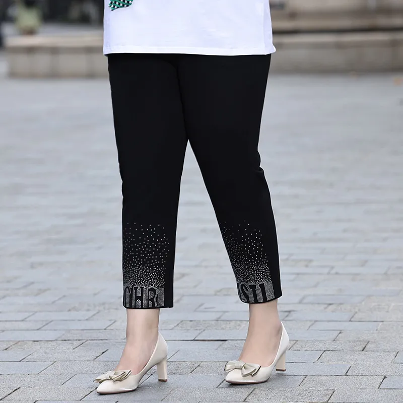 Summer Women Casual Plus Size High Waist Rhinestone Straight Leg Pants