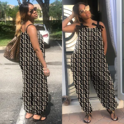 Summer Women Casual Loose Plus Size Geometric Print Sling Jumpsuit