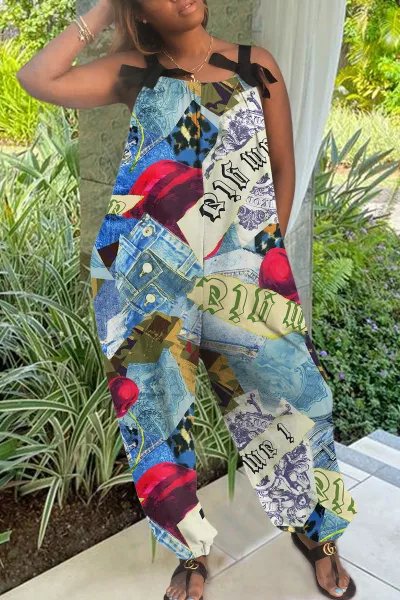 Summer Women Casual Loose Plus Size Geometric Print Sling Jumpsuit