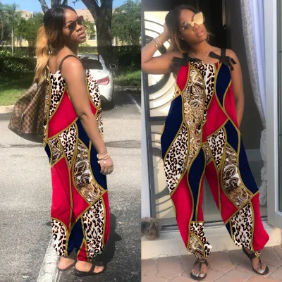 Summer Women Casual Loose Plus Size Geometric Print Sling Jumpsuit