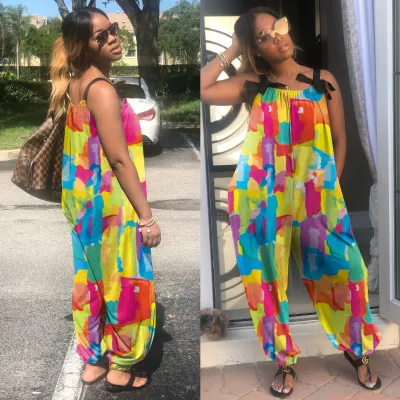 Summer Women Casual Loose Plus Size Geometric Print Sling Jumpsuit