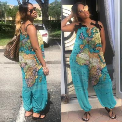 Summer Women Casual Loose Plus Size Geometric Print Sling Jumpsuit