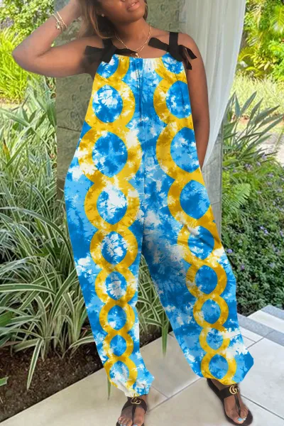 Summer Women Casual Loose Plus Size Geometric Print Sling Jumpsuit