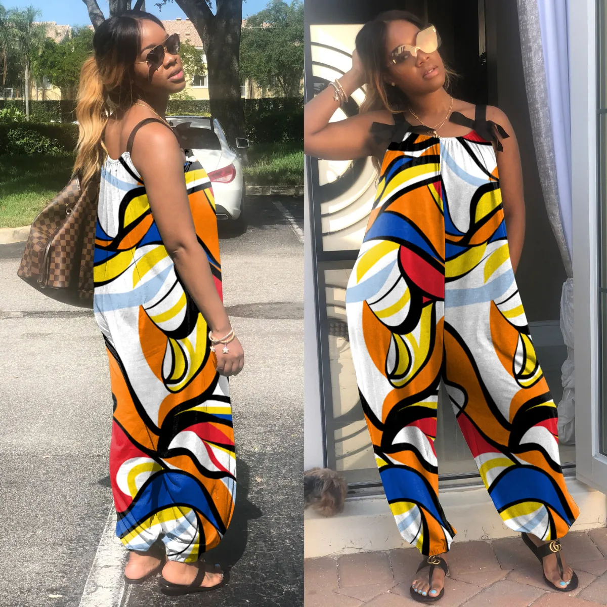 Summer Women Casual Loose Plus Size Geometric Print Sling Jumpsuit