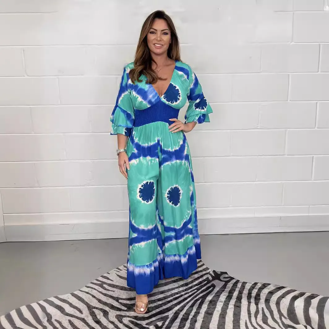 Summer Women Plus Size V-Neck Tie-Dye Printed Horn Sleeve Wide Leg Jumpsuit