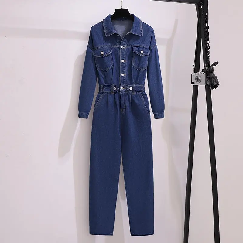Women Plus Size Denim Jumpsuit Long Sleeve Street Hipster Style