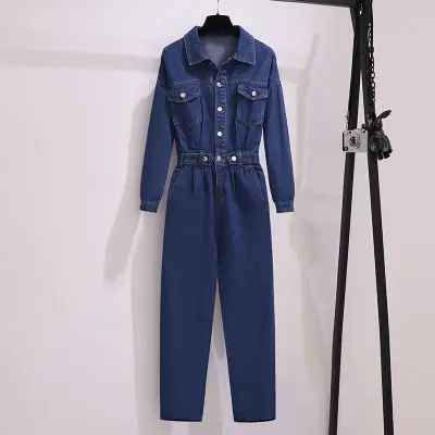 Women Plus Size Denim Jumpsuit Long Sleeve Street Hipster Style