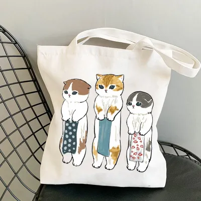 Cute Cartoon Cat Print Canvas Shoulder Tote Bag