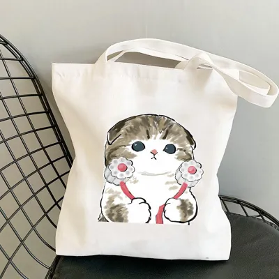 Cute Cartoon Cat Print Canvas Shoulder Tote Bag