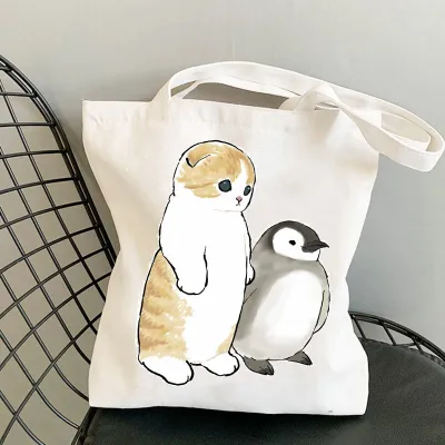 Cute Cartoon Cat Print Canvas Shoulder Tote Bag