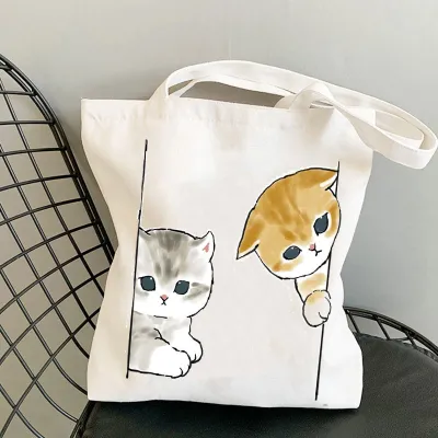 Cute Cartoon Cat Print Canvas Shoulder Tote Bag