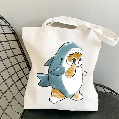 Cute Cartoon Cat Print Canvas Shoulder Tote Bag