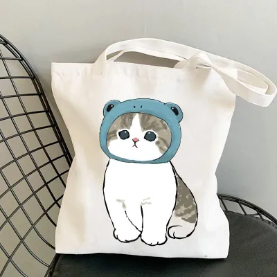 Cute Cartoon Cat Print Canvas Shoulder Tote Bag