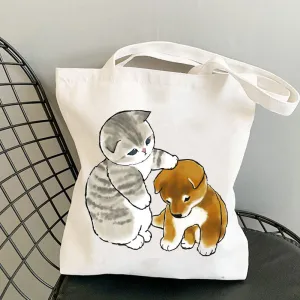 Cute Cartoon Cat Print Canvas Shoulder Tote Bag