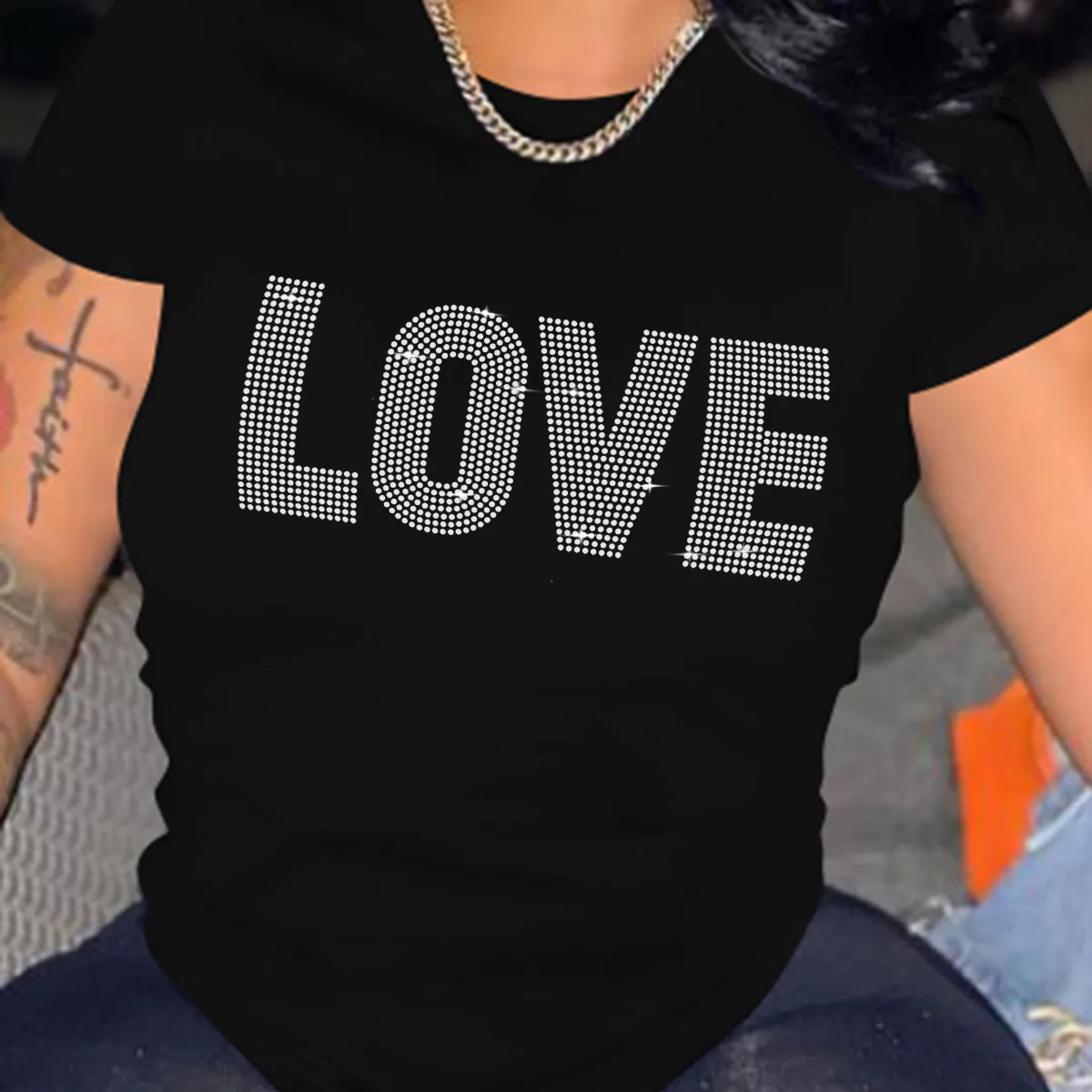 Women Fashion Rhinestone Letters Crewneck Tee Street Hipster Style