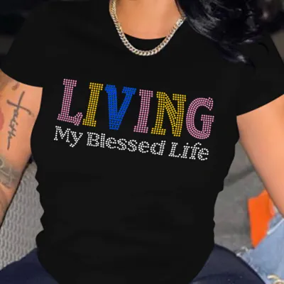 Women Casual Multicolor Letters Rhinestone Crewneck Tee