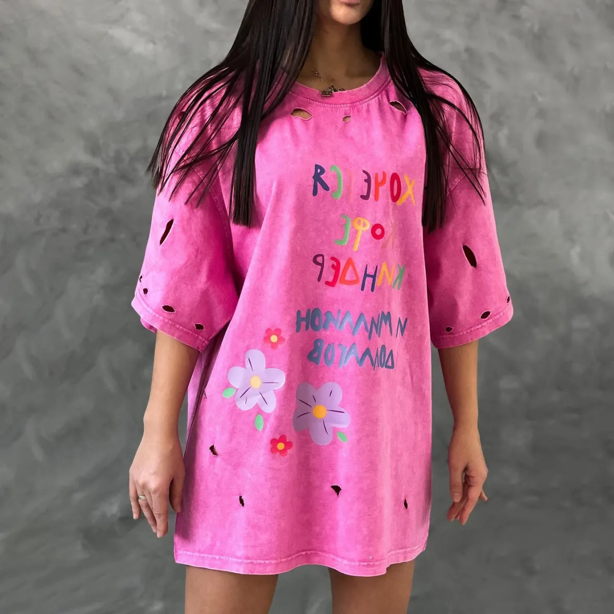 Women Street Hipster Cotton Letter Print Hole T-Shirt