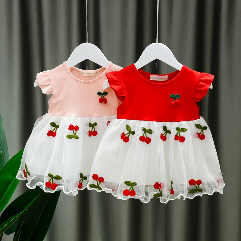 Kids Baby Girls Casual Cute Short Sleeve Mesh A-Line Cotton Blend Dress