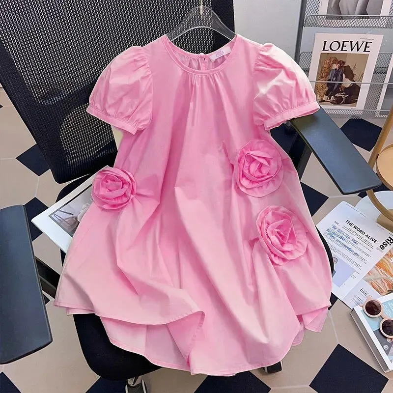 Kids Toddler Big Girls Casual Cute Solid Color Flower Print Short Sleeve Princess Dress