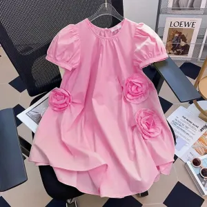Kids Toddler Big Girls Casual Cute Solid Color Flower Print Short Sleeve Princess Dress