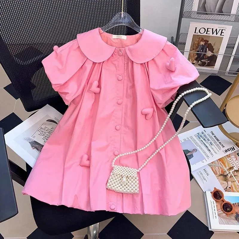 Kids Toddler Big Girls Casual Cute Solid Color Heart Short Sleeve Lapel Dress