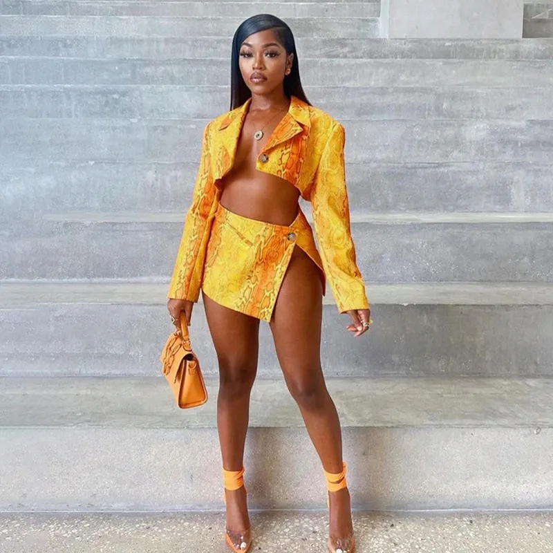 Women Fashion Sexy Snake Print Lapel Long Sleeve Crop Top Split Skirt Two-Piece Set