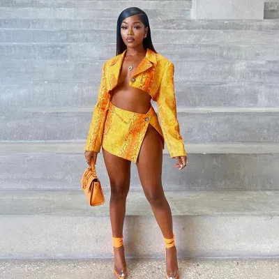 Women Fashion Sexy Snake Print Lapel Long Sleeve Crop Top Split Skirt Two-Piece Set