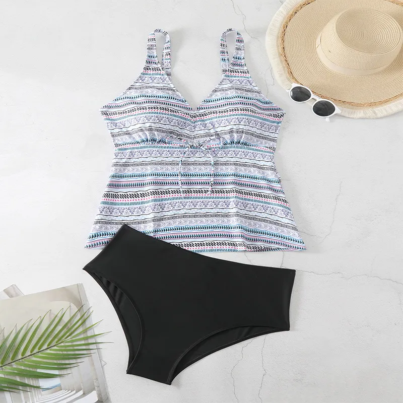 Women Casual Plus Size Stripe Print Sling Conservative Tankini Swimsuit Set