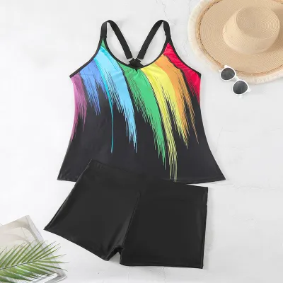 Women Plus Size Conservative Multicolor Print Sling Swimsuit Tankini Set