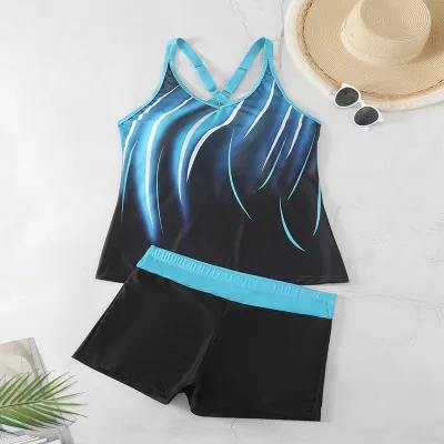 Women Plus Size Conservative Multicolor Print Sling Swimsuit Tankini Set