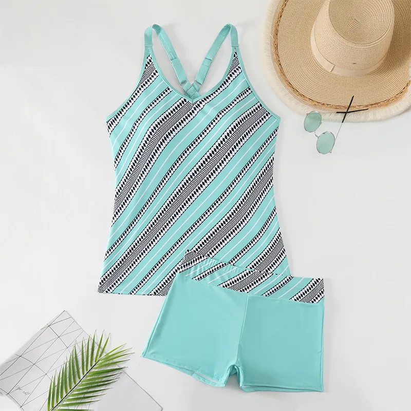 Women Plus Size Conservative Multicolor Print Sling Swimsuit Tankini Set