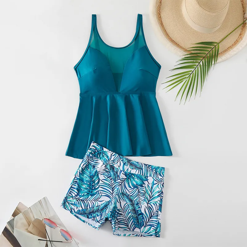 Women Plus Size Sexy Leaf Print Conservative Tankini Swimsuit Set