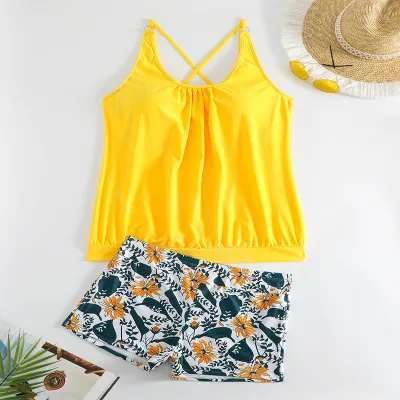 Women Plus Size Sexy Sling Floral Printed Beach Tankini Swimsuit Set