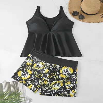 Women Plus Size Sexy Sling Floral Printed Beach Tankini Swimsuit Set