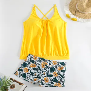 Women Plus Size Sexy Sling Floral Printed Beach Tankini Swimsuit Set