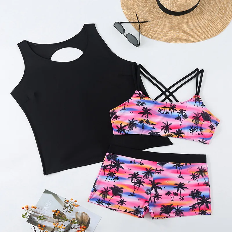 Women Plus Size Conservative Tankini Swimsuit Set with Coconut Tree Print