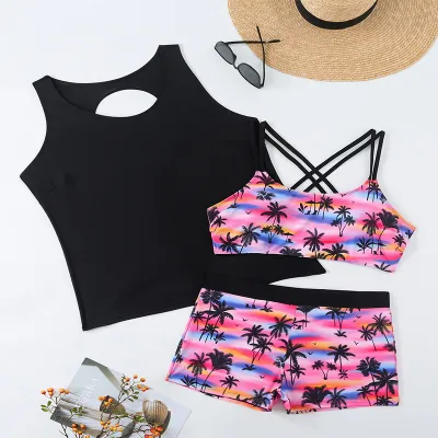 Women Plus Size Conservative Tankini Swimsuit Set with Coconut Tree Print