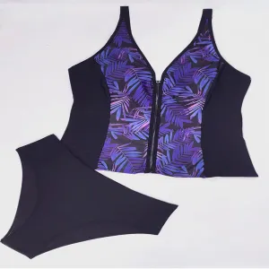 Women Plus Size Leaves Printed Zipper Tankini Swimsuit Set
