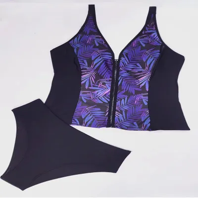 Women Plus Size Leaves Printed Zipper Tankini Swimsuit Set