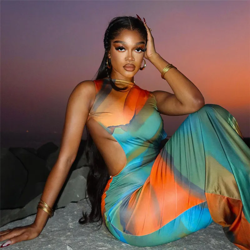 Summer Women Fashion Printed Sexy Round Neck Sleeveless Cutout Backless Tight Maxi Dress