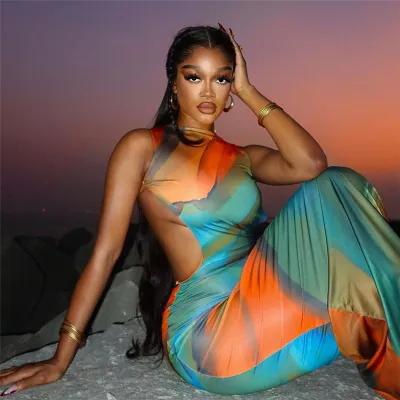 Summer Women Fashion Printed Sexy Round Neck Sleeveless Cutout Backless Tight Maxi Dress