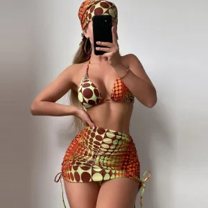 Women Sexy Halter Neck Lace-Up Large Dot Print Bikini Swimsuit Skirt Set