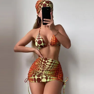 Women Sexy Halter Neck Lace-Up Large Dot Print Bikini Swimsuit Skirt Set