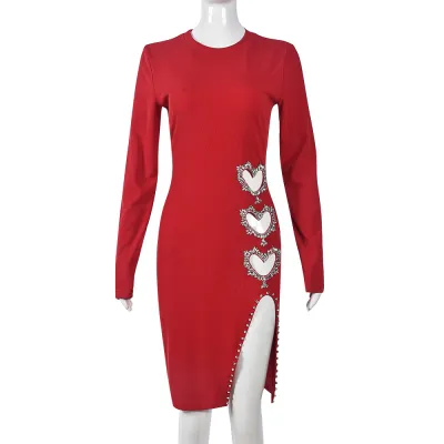 Women Fashion Sexy Round Neck Long Sleeve Hollow Heart-Shaped Rhinestone Split Dress