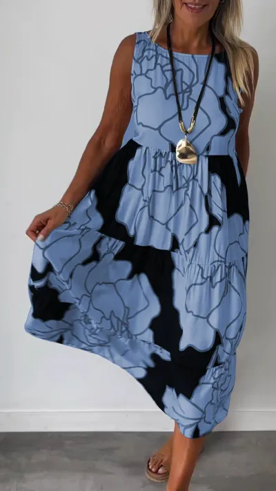 Summer Women Casual Sling Style Geometric Print Sleeveless Long Dress