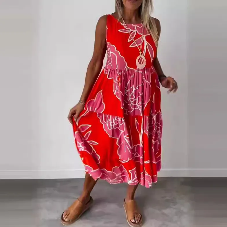 Summer Women Casual Sling Style Geometric Print Sleeveless Long Dress