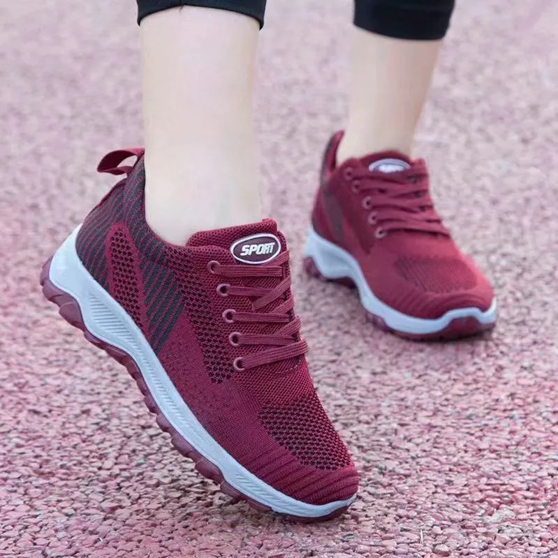 Women's Plus Size Breathable Flying Weave Lace Up Walking Sneakers