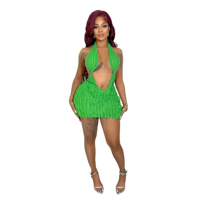 Summer Nightclub Women Fashion Sexy Halter Neck Solid Color Hollow Wavy Dress