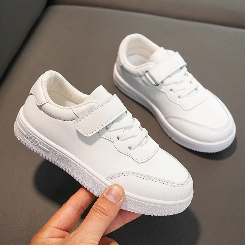 Kids Boys Casual Solid White PU Velcro Sneakers