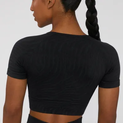 Women Fashion Zebra Print Sports Top Cotton Blend Tight Fit Short Sleeve